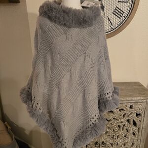 Elegant Gray Knit Poncho with Faux Fur Trim NWT